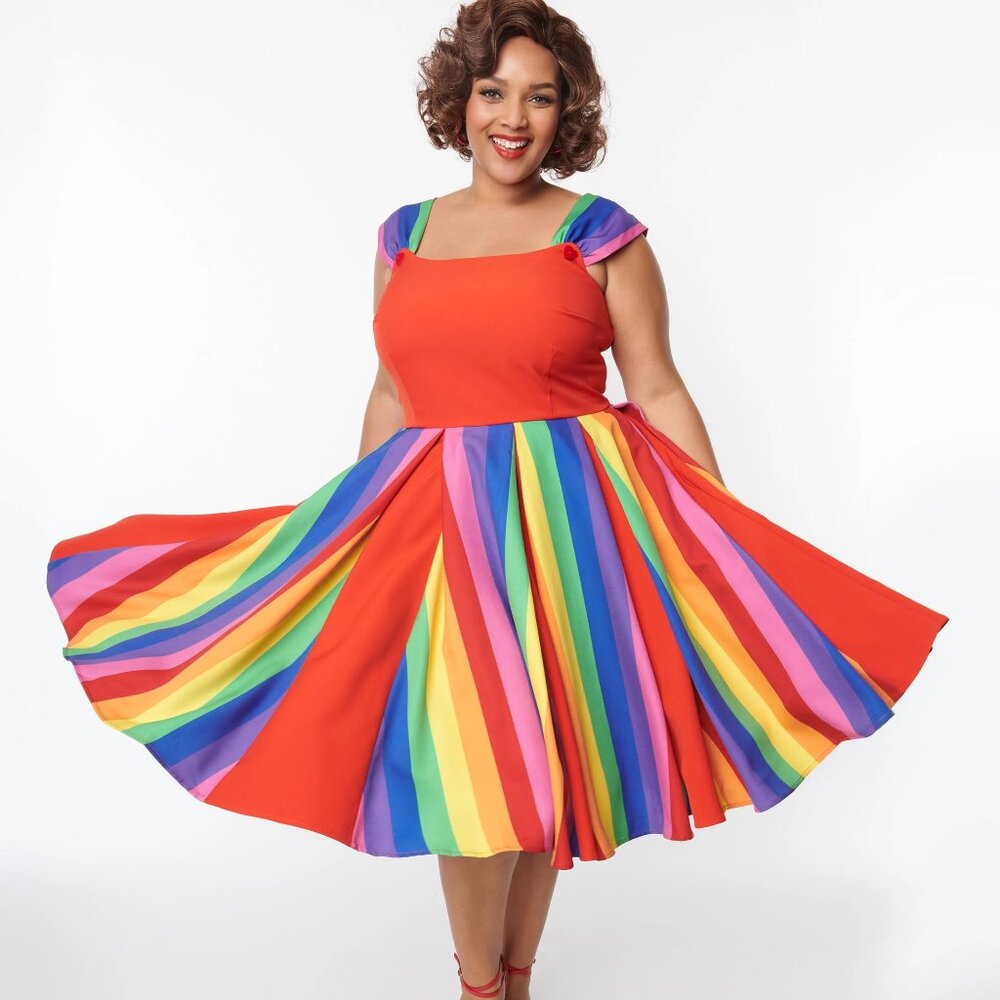 Unique Vintage Plus Size Red & Rainbow Stripe Swing Dress Size 1X 16 NWOT